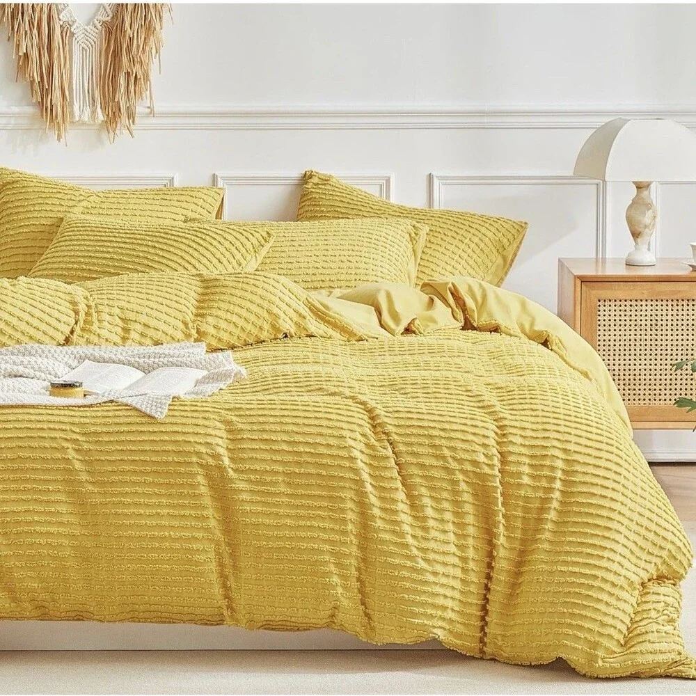 WARMDERN Yellow Boho Duvet Cover Set Twin Size, Striped Textured Duvet Cover